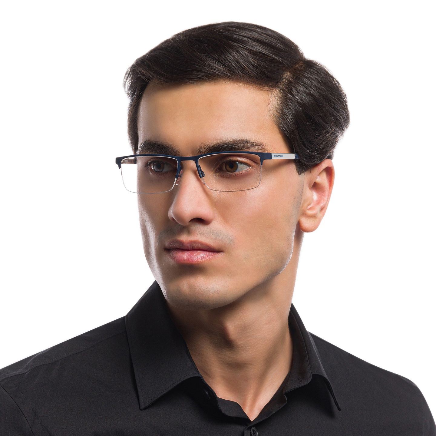 Shop Emporio Armani Half Rim Rectangle Eyeglasses in Rubber Blue online.