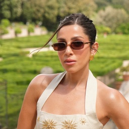 Shop TRICE Kaia Square Sunglasses in Beige online.